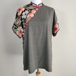 Vintage Chinese QiPao Cheongsam Top Womens Large Frog Buttons Mandarin Collar